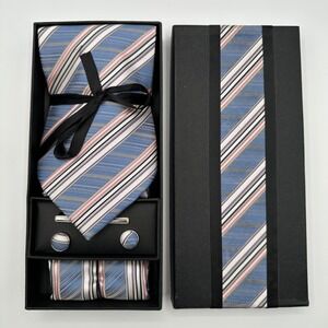 Handmade Italian 100% Silk Tie Set Blue Stripe Necktie Cufflinks Tie Clip Square